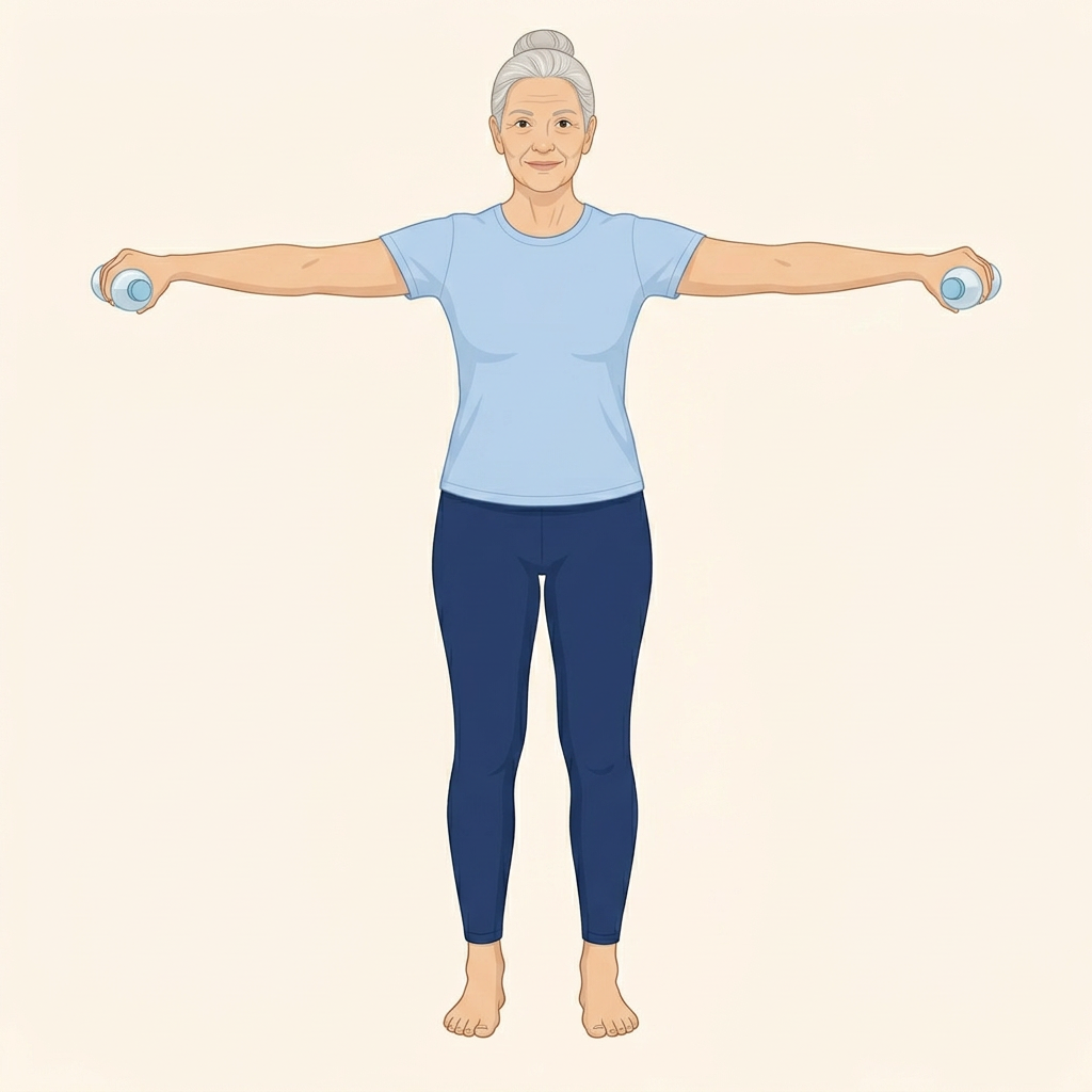 Illustration av övningen Raka armlyft åt sidan med vattenflaska